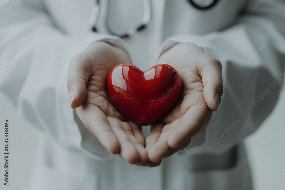 Doctor holds red heart in hands, symbol of care and hope. Closeup template of volunteer support, help to people, mercy and timely diagnostics with place for text Doctor holds red heart in hands, symbol of care and hope. Closeup template of volunteer support, help to people, mercy and timely diagnostics with place for text