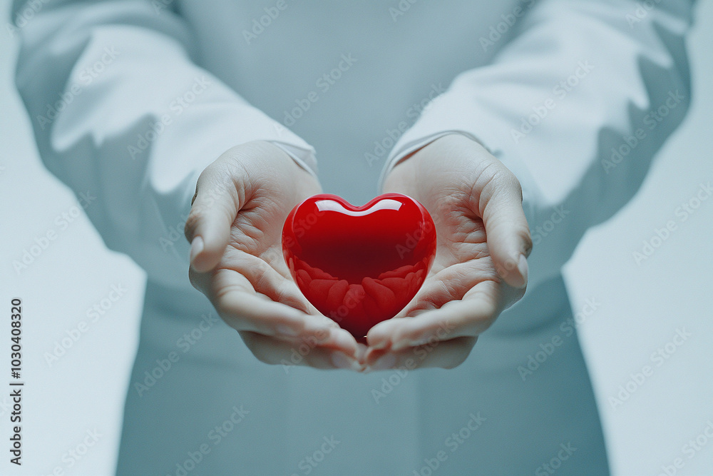 Doctor holds red heart in hands, symbol of care and hope. Closeup template of volunteer support, help to people, mercy and timely diagnostics with place for text Doctor holds red heart in hands, symbol of care and hope. Closeup template of volunteer support, help to people, mercy and timely diagnostics with place for text