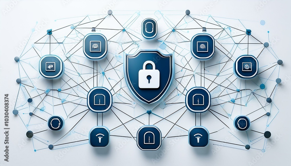 Digital security icons connected by lines on a white background. Modern graphic layout symbolizing data security and protection. 3D Rendering Digital security icons connected by lines on a white background. Modern graphic layout symbolizing data security and protection. 3D Rendering