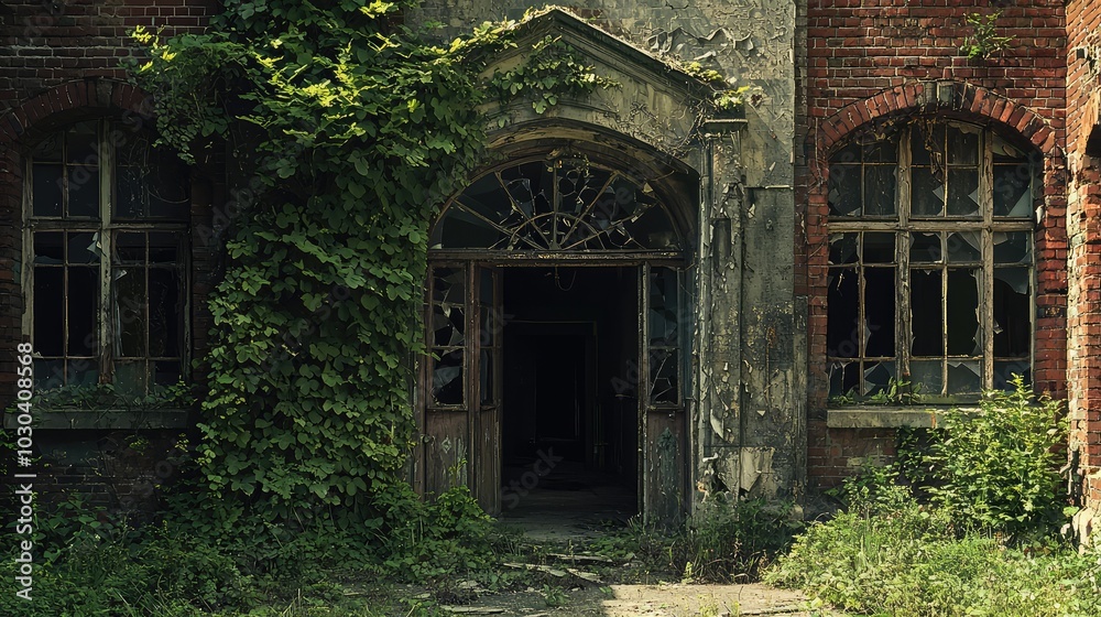 Overgrown Entrance to Abandoned Building Overgrown Entrance to Abandoned Building