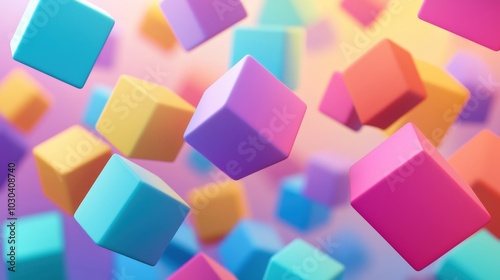 Floating Geometric Cubes in Vibrant Pastel Colors and Patterns