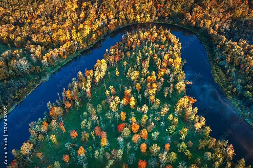 Colorful sunrise over the Gauja National park valley. Sigulda city panorama from drone with forest in autumn colors.