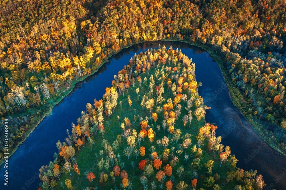 Colorful sunrise over the Gauja National park valley. Sigulda city panorama from drone with forest in autumn colors.