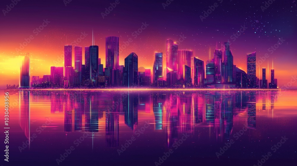 Futuristic City Skyline at Dusk with Neon lit Buildings Reflecting in the Water Futuristic City Skyline at Dusk with Neon lit Buildings Reflecting in the Water
