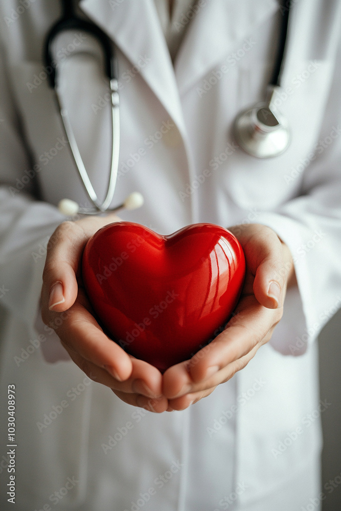 Doctor holds red heart in hands, symbol of care and hope. Vertical template of volunteer support, help to people, mercy and timely diagnostics with place for text Doctor holds red heart in hands, symbol of care and hope. Vertical template of volunteer support, help to people, mercy and timely diagnostics with place for text