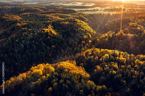 Obraz na płótnie Colorful sunrise over the Gauja National park valley. Sigulda city panorama from drone with forest in autumn colors. w salonie