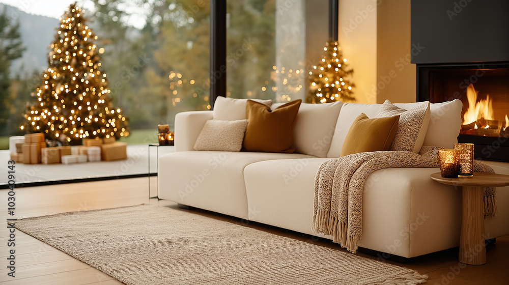 An intimate and festive living room decorated for the holidays, featuring a plush sofa with holiday-themed cushions and a thick rug spread across the wooden floor. Bright string li An intimate and festive living room decorated for the holidays, featuring a plush sofa with holiday-themed cushions and a thick rug spread across the wooden floor. Bright string li