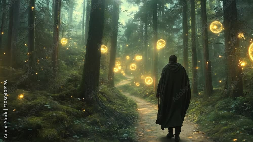A Mystical Forest Pathway adorned with Enchanting, Glowing Lights