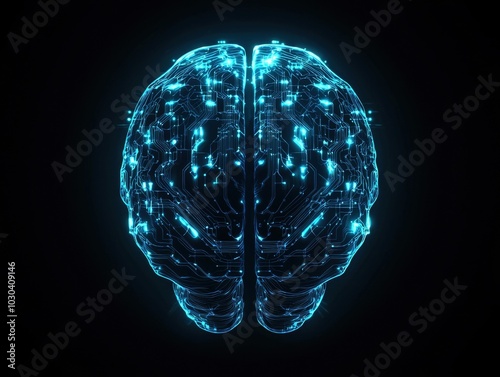 Futuristic Digital Brain Rendering with Glowing Neon Connections and Neural Networks