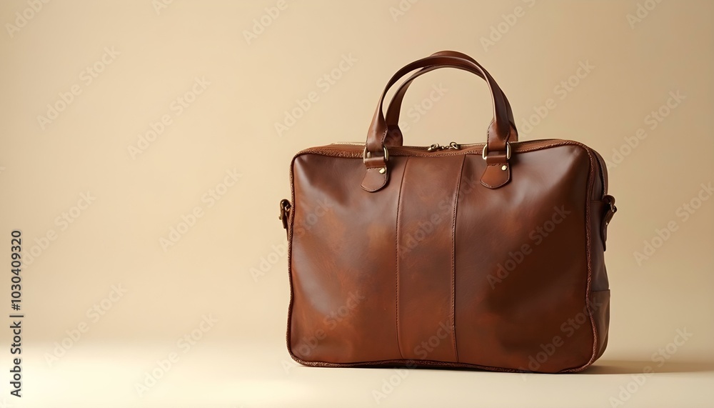 A brown leather briefcase on a beige white background A brown leather briefcase on a beige white background