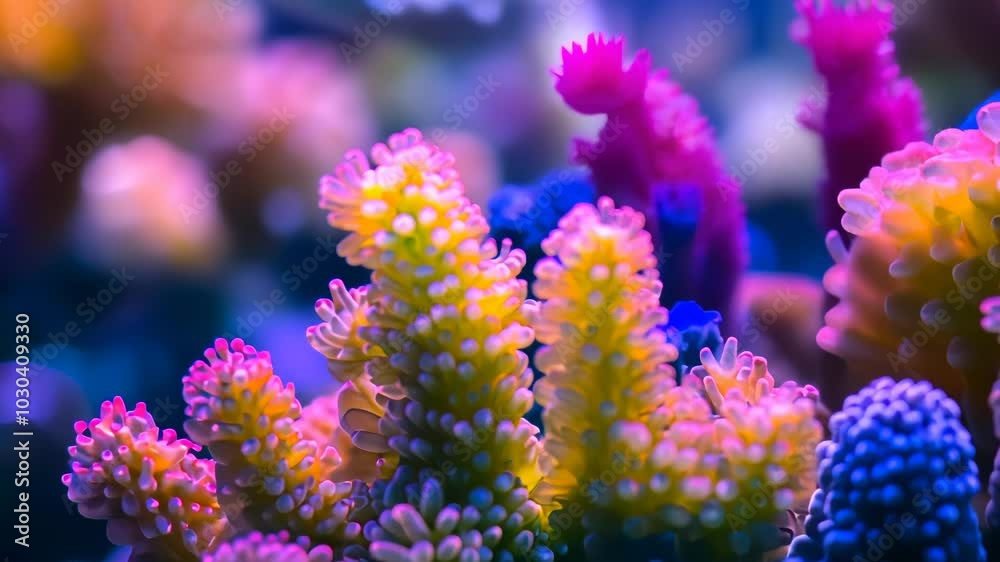 Vibrant coral formations in an underwater scene, showcasing marine biodiversity.