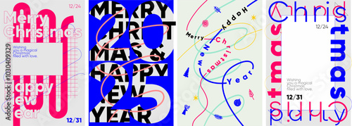 Set of four contemporary Christmas and New Year posters with vibrant typography and playful abstract elements.