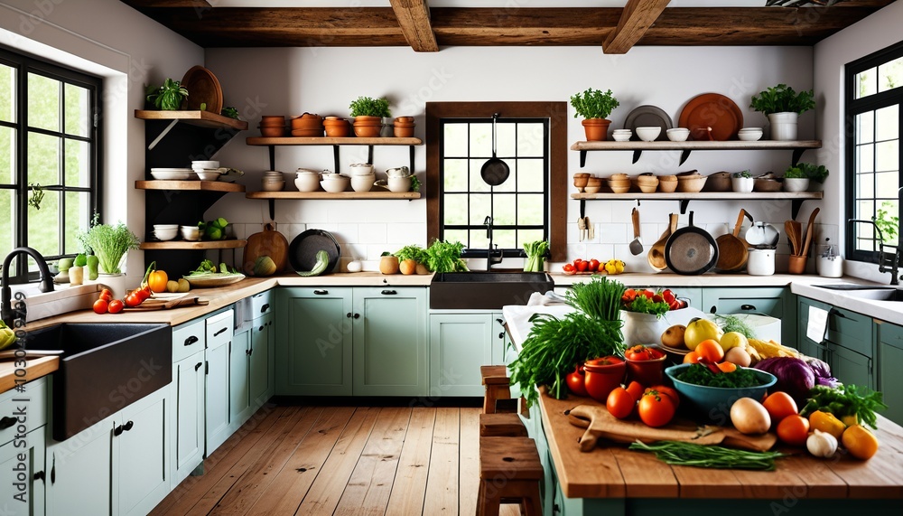 A charming farmhouse kitchen is filled with fresh herbs, rustic cookware, and colorful produce, creating an inviting atmosphere that inspires culinary creativity and warmth, Generative AI A charming farmhouse kitchen is filled with fresh herbs, rustic cookware, and colorful produce, creating an inviting atmosphere that inspires culinary creativity and warmth, Generative AI
