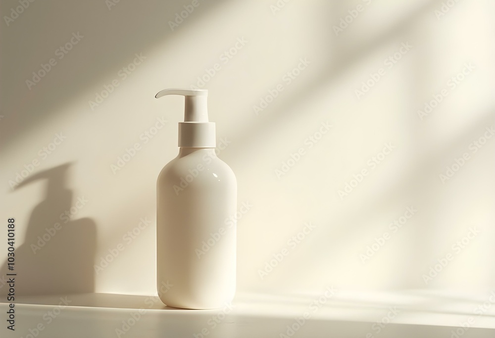 A blank white bottle with a pump dispenser on a beige background for mockup A blank white bottle with a pump dispenser on a beige background for mockup