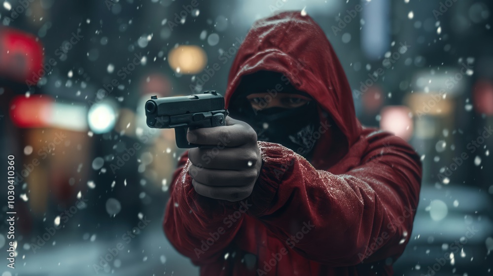 Hooded figure aiming gun in snowy urban setting with blurred city lights, creating a tense mood Hooded figure aiming gun in snowy urban setting with blurred city lights, creating a tense mood