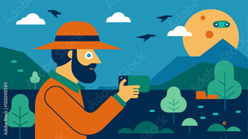 Wildlife Observation An explorer in a natural habitat monitoring wildlife their bionic vision providing detailed overlays of animal behavior and habitat information.