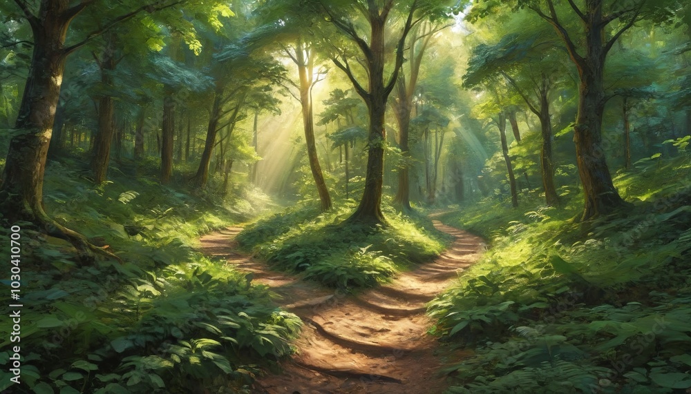 Fototapeta premium A lush forest path dappled with sunlight invites wanderers to explore the beauty of nature while finding solace and rejuvenation, Generative AI