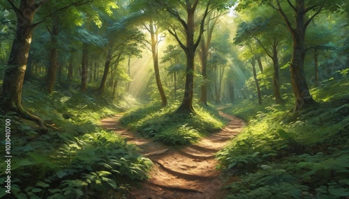 A lush forest path dappled with sunlight invites wanderers to explore the beauty of nature while finding solace and rejuvenation, Generative AI photo