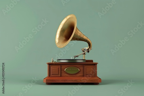 Vintage golden gramophone with old style wooden disc player on turquoise background. Retro music concept. 3d rendering illustration, Isolated on pastel background