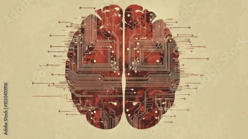 Abstract AI brain vintage art consisting of abstract circuit elements and a mix of muted colors into a data center, with a simple minimalist background