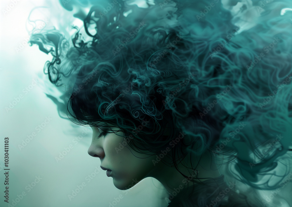 Surreal image of a woman with swirling smoke emerging from her head, symbolizing thoughts, creativity, and imagination, ideal for conceptual projects Surreal image of a woman with swirling smoke emerging from her head, symbolizing thoughts, creativity, and imagination, ideal for conceptual projects