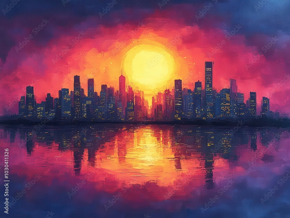 Obraz premium a stunning city skyline silhouette against a dramatic sunset, showcasing the urban landscape in a blend of colors and light, evoking feelings of wonder and exploration