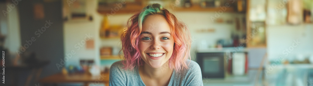 Close-up of a young woman with pastel-colored hair smiling brightly indoors. Her vibrant hair and cheerful expression capture a lively and creative atmosphere in a modern home setting. Close-up of a young woman with pastel-colored hair smiling brightly indoors. Her vibrant hair and cheerful expression capture a lively and creative atmosphere in a modern home setting.