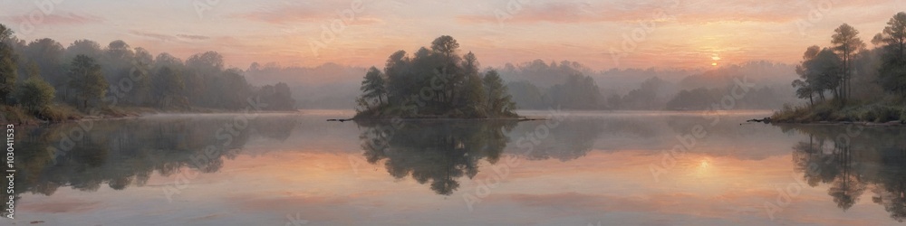 A serene lakeside at dawn reflects the soft hues of sunrise, inviting mindfulness and tranquility in nature's embrace, Generative AI A serene lakeside at dawn reflects the soft hues of sunrise, inviting mindfulness and tranquility in nature's embrace, Generative AI