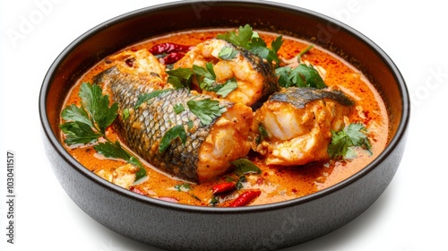 Delicious fish curry served in a black bowl, garnished with fresh herbs and spices, perfect for showcasing culinary art.