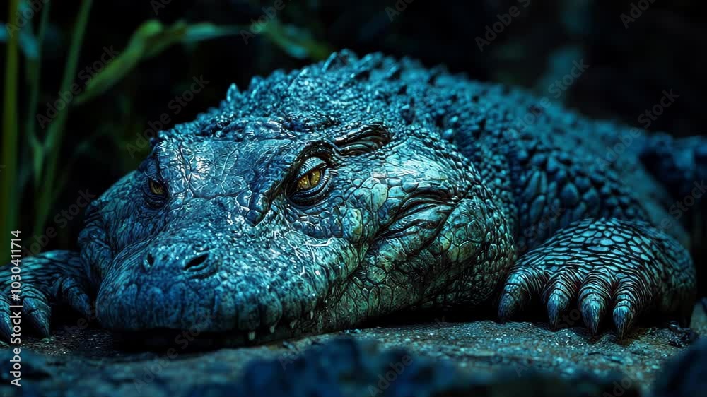 A close-up of a textured, blue-toned crocodile resting on a rock. A close-up of a textured, blue-toned crocodile resting on a rock.