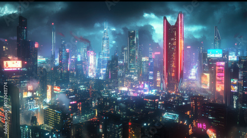 Wallpaper Mural Vibrant neon cityscape in a futuristic metropolis under a starlit sky at dusk Torontodigital.ca