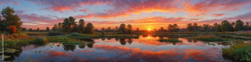 A stunning sunset over a tranquil pond reflects vibrant colors, inspiring a sense of calm and appreciation for nature's artistry, Generative AI A stunning sunset over a tranquil pond reflects vibrant colors, inspiring a sense of calm and appreciation for nature's artistry, Generative AI