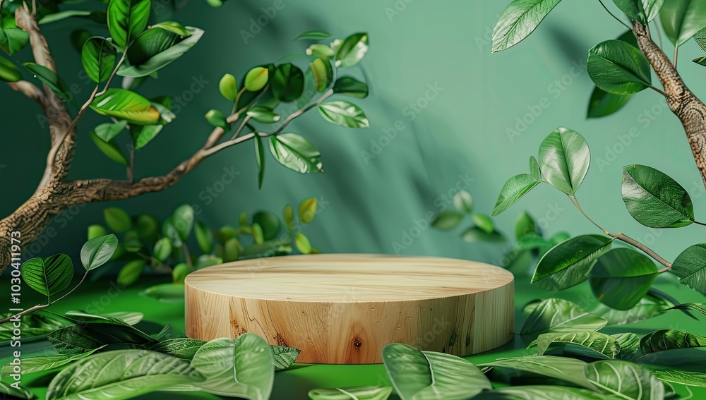 Wooden podium for product presentation on beige background with green leaf. Mockup of round wooden pedestal display for cosmetic Wooden podium for product presentation on beige background with green leaf. Mockup of round wooden pedestal display for cosmetic