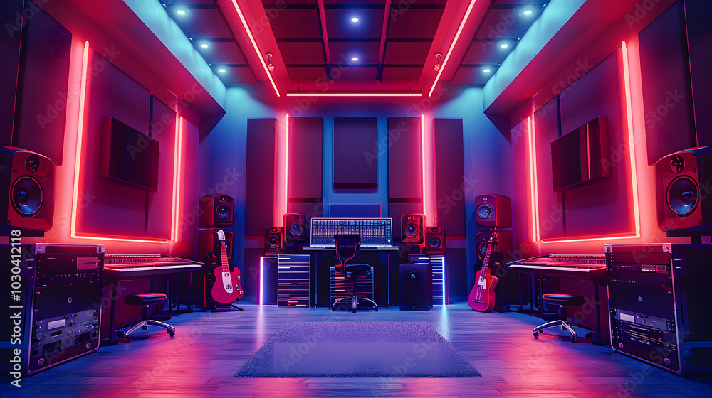 Modern music studio with soundproof walls bright lights and comfortable equipment Modern music studio with soundproof walls bright lights and comfortable equipment