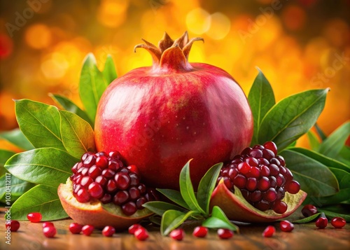 On a bright yellow backdrop, a succulent pomegranate showcases its seeds and lush leaves, offering a vibrant scene perfect for landscape photography.