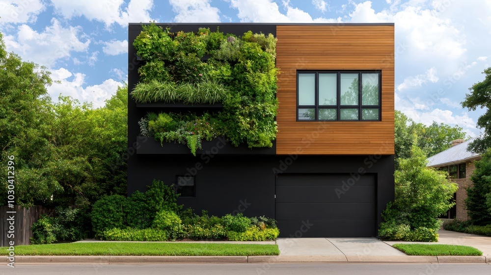 Two story minimalist home with a green facade, featuring a rooftop garden, rainwater irrigation, and energy efficient insulation Two story minimalist home with a green facade, featuring a rooftop garden, rainwater irrigation, and energy efficient insulation