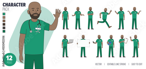 2D Illustrated male nurse man vector character in a set of multiple poses. Easy to edit and isolated on a white background. Modern trendy style character mega pack with lots of poses.