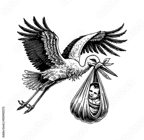 stork deliver baby engraving black and white outline