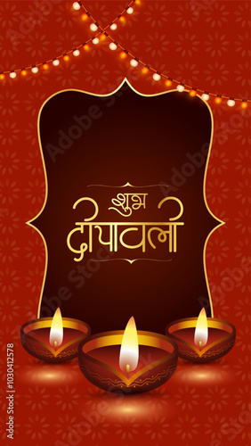 Shubh deepavali hindi calligraphy diwali festival social media post with oil lamp and lights design