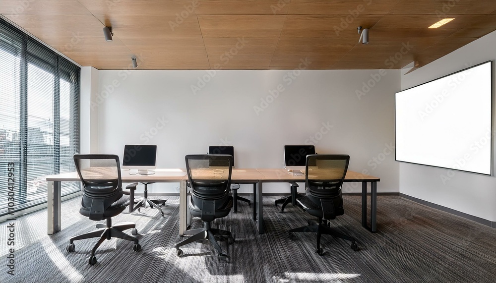 Fototapeta premium Modern office space with desks and chairs on the left, blank white wall for mockups on the right. Generative AI