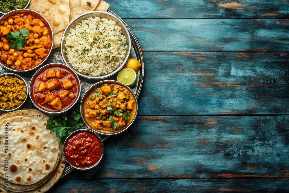 indian cuisine custom, traditional indian meal displayed on a stainless steel thali on a wooden table, set in a cozy kitchen backdrop text space available indian cuisine custom, traditional indian meal displayed on a stainless steel thali on a wooden table, set in a cozy kitchen backdrop text space available