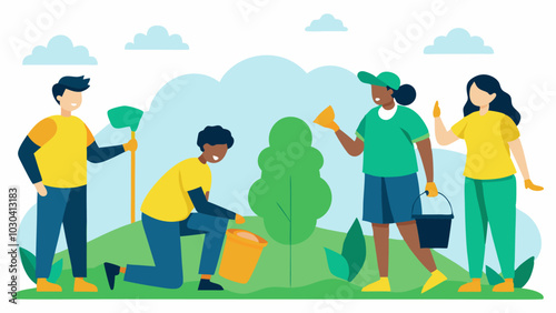 Volunteer CleanUp A group of community members organizing a cleanup event in a local park picking up trash and chatting highlighting community stewardship.