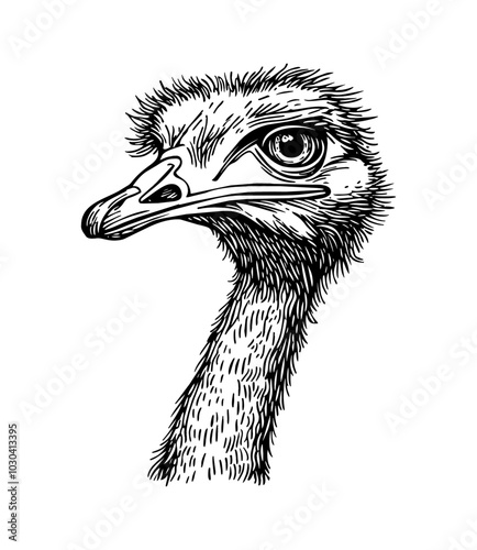 ostrich head engraving black and white outline