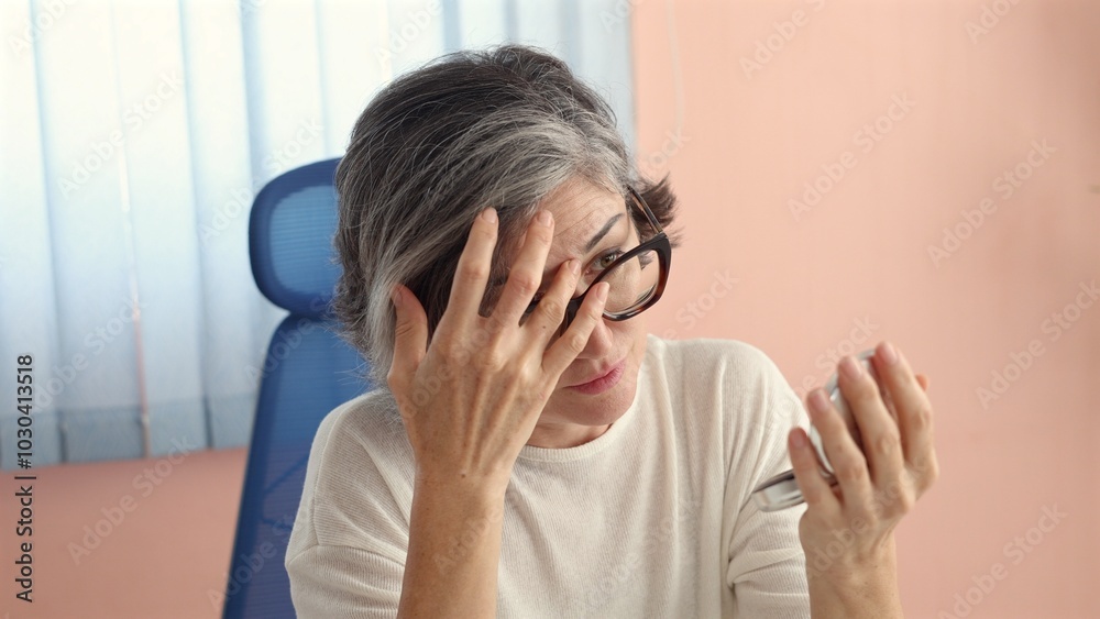 Middle-aged Caucasian woman adjusts glasses, gray hair, holding mirror, white top, blue chair, pink wall behind. Scene captures thoughtful moment during personal grooming, relaxed indoors. Middle-aged Caucasian woman adjusts glasses, gray hair, holding mirror, white top, blue chair, pink wall behind. Scene captures thoughtful moment during personal grooming, relaxed indoors.