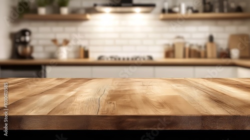 A wooden table top with a blurry kitchen background. Perfect for showcasing products or designs in a realistic setting.
