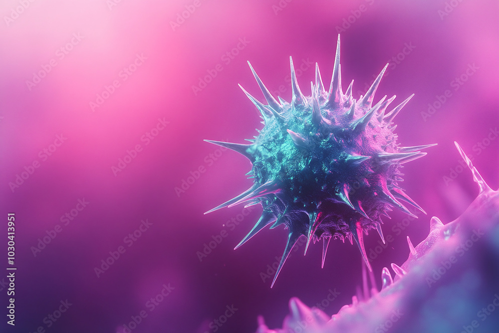 Spiky Virus Germs under Microscope, Cause of Disease, Sickness or Illness, Microscopic Microorganism Bacteria Cells Macro Close-up Spiky Virus Germs under Microscope, Cause of Disease, Sickness or Illness, Microscopic Microorganism Bacteria Cells Macro Close-up