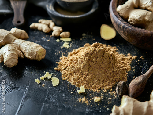 Exploring the rich textures and colors of ground ginger on a dark kitchen surface photo