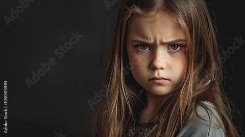 Upset young girl on black background.