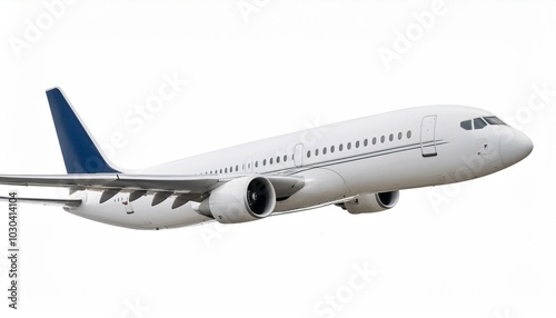 Side view of white commercial airplane in flight isolated on white. Travel and technology concept. 3D Rendering