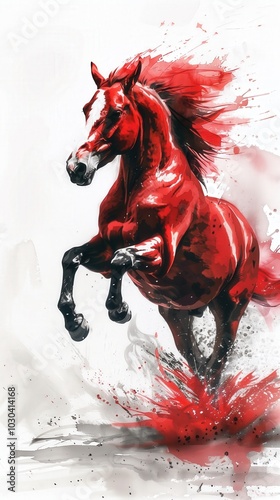 Red horse galloping in ink painting with dynamic splashes and white background conveying motion